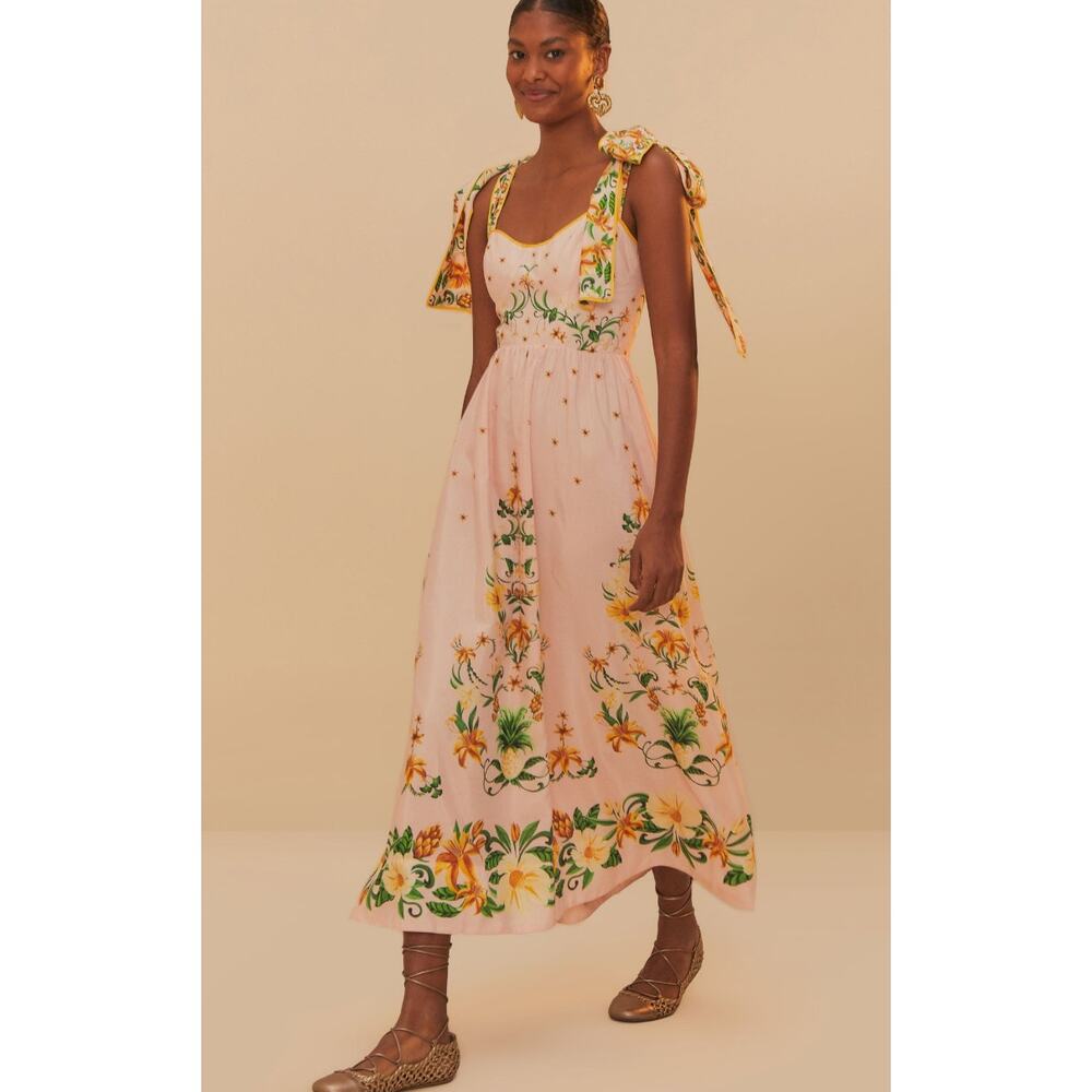 NWT Farm Rio Pink Botanical Beauty Shoulder Bow midi dress - Picture 2 of 7